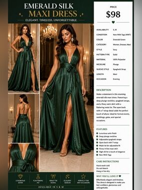 Emerald Silk Plunge Maxi Dress — Elegant Evening Gown